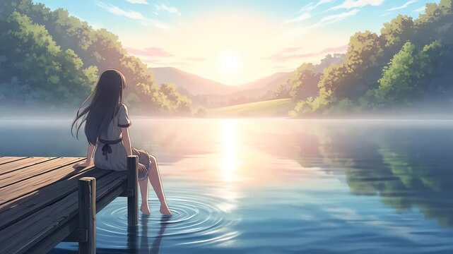 A young woman sits on a wooden dock, dangling her feet in a calm lake as the sun rises over distant hills.