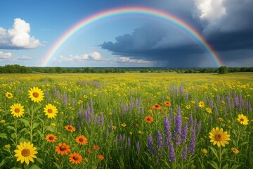 Naklejka premium Vibrant wildflower meadow under dramatic sky with full rainbow arch in background and vivid light across green landscape fields. Ai generative
