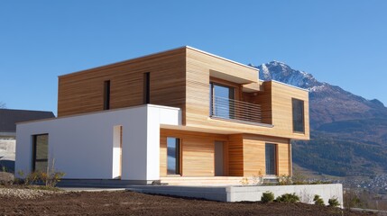 Modern architecture of a stylish wooden house against a backdrop of snow-capped mountains