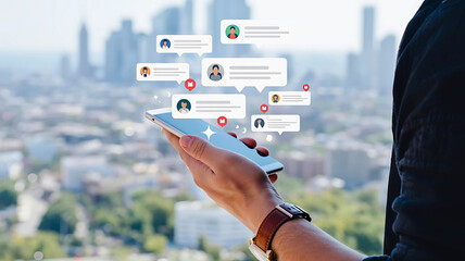 Close-up of a person's hand holding a smartphone with floating social media notification bubbles against a blurred city background.