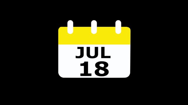 18 July calendar icon animation. Luma matte with transparent background 4K resolution