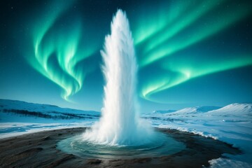Majestic geyser erupting beneath glowing northern lights in snowy winter landscape under starry night sky with surreal atmosphere and contrast. Ai generative