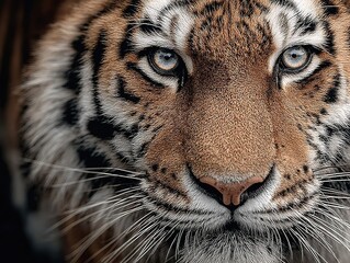 Asian tiger closeup portrait intense gaze, dark background highlighting fur colors, hyper realistic wildlife photography