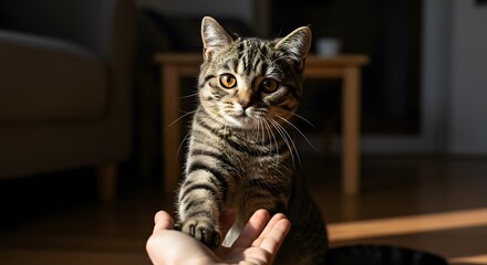 Playful Tabby Cute Cat Reaching Out to Hand in Sunny Living Room