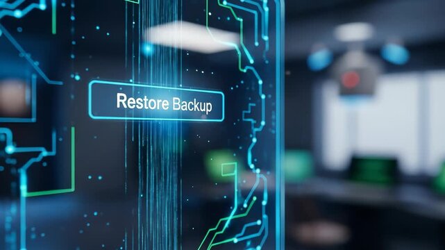 Cloud Backup Analytics. Restore backup interface with cloud technology, analytics, server data protection, futuristic digital display, and modern