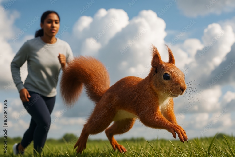 Poster woman jogging in nature with large red squirrel in foreground under a bright sky with dramatic cloud