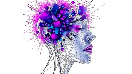 Illustration of a stylized wireframe portrait of a womans head with an explosion of geometric shapes and particles