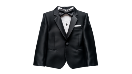 PNG a black tuxedo with a black jacket and a black bow tie on a transparent background