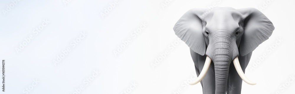 Poster close-up of realistic gray elephant facing forward with large tusks on white background with soft gr