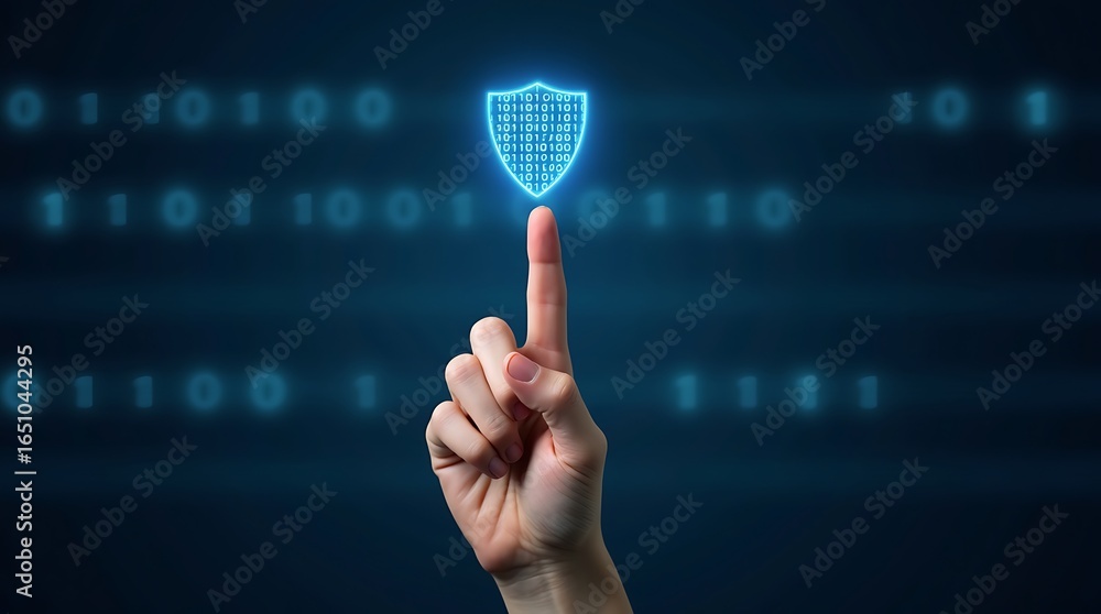 Poster hand touching holographic binary shield for cybersecurity activa