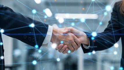 Business handshake with digital network overlay concept of collaboration agreement and partnership - Powered by Adobe
