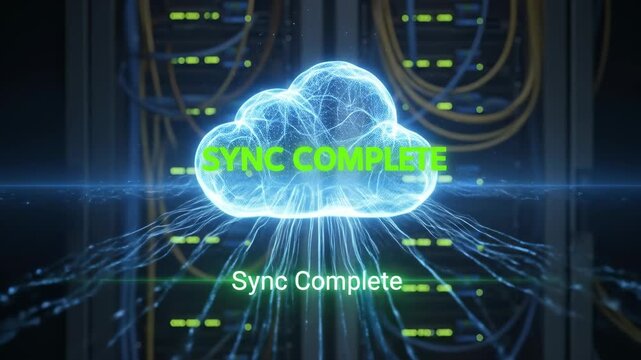 Cloud Backup Analytics. Cloud backup analytics technology with glowing cloud icon, data synchronization complete, secure server network