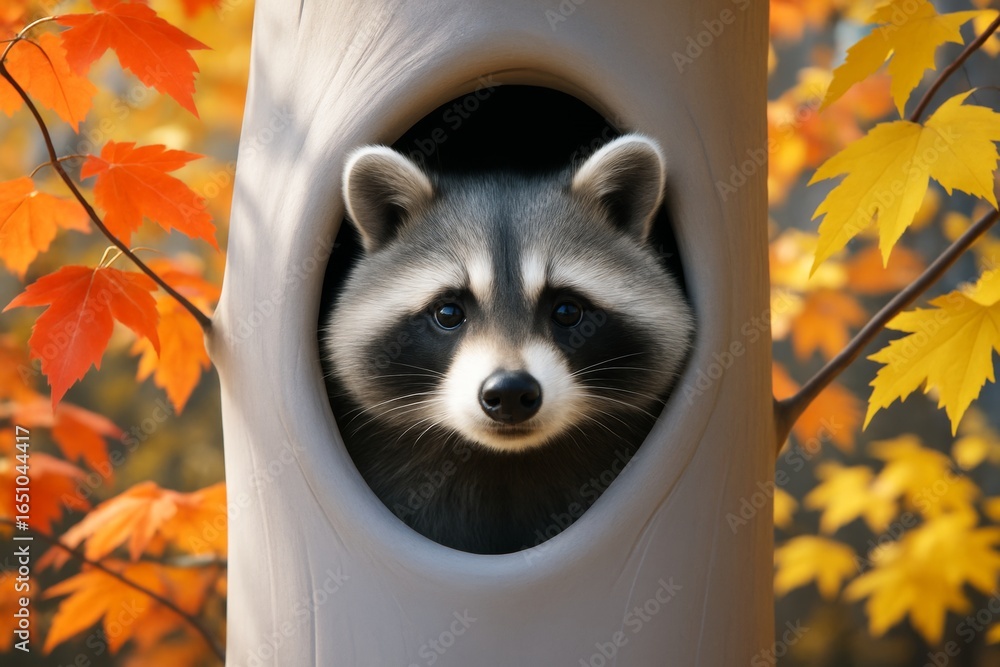 Poster cute raccoon peeking from tree hollow surrounded by vibrant autumn leaves in soft light on an abstra