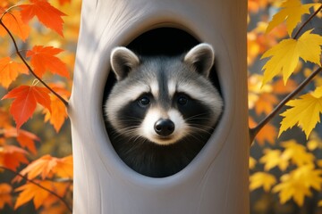 Cute raccoon peeking from tree hollow surrounded by vibrant autumn leaves in soft light on an abstract colorful forest background. Ai generative. Ai generative