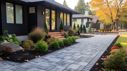 Obraz premium Daytime view of front yard landscaping and home exterior finishing, walkway being laid with modern paving blocks, natural light accents.