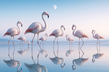 Obraz premium Elegant flamingos standing in shallow water under soft moonlight with peaceful reflections and pastel sky background in surreal calm concept scene. Ai generative