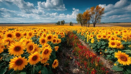 Fototapeta premium Sunflowers field under a vibrant sky