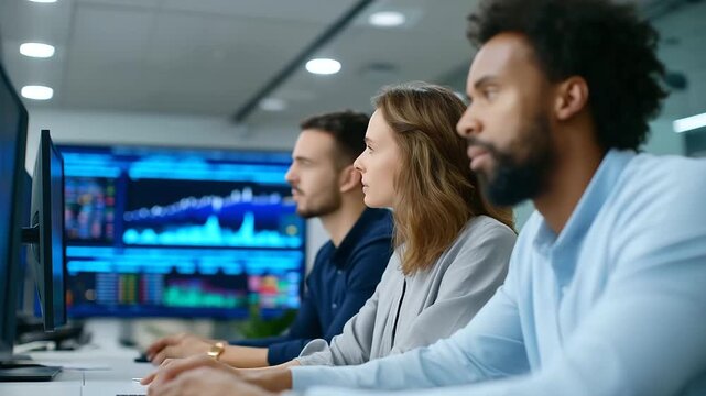 High-tech research lab setting with a multicultural group of data analysts working together in a monitoring office representing data analysis, digital transformation, cybersecurity, blockchain