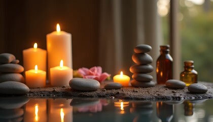 Wellness Szene mit brennenden Kerzen und schwarzen Steinen im Spa
