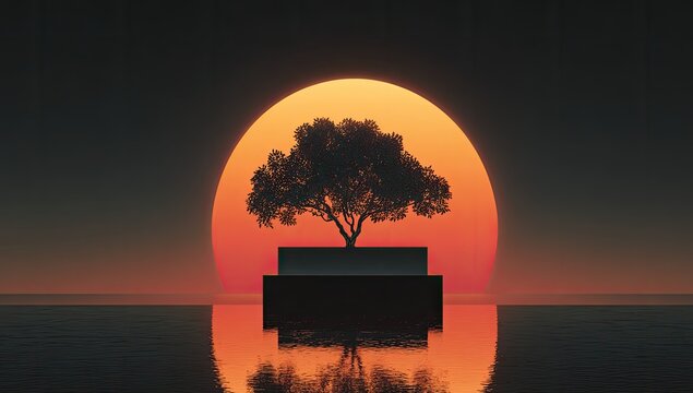 Silhouetted tree on a platform, bathed in sunset glow