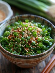 Green onions provides a fresh contrast in color and flavor, while the sesame seeds add a nutty aroma and crunch