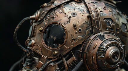 The helmet is adorned with various intricate components, including circular elements and mechanical details, giving it a robust, industrial appearance