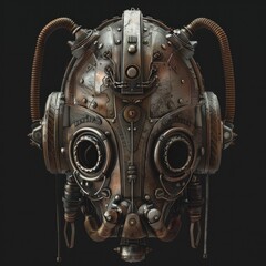 The helmet is adorned with various intricate components, including circular elements and mechanical details, giving it a robust, industrial appearance