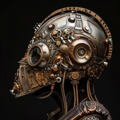 The helmet is adorned with various intricate components, including circular elements and mechanical details, giving it a robust, industrial appearance