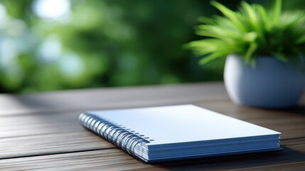 A blank notebook rests on a wooden table surrounded by greenery, ideal for creative writing or planning
