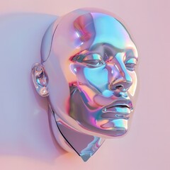 The image features a futuristic, metallic human face sculpture set against a pastel background
