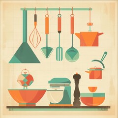 The image features a stylized, retro-inspired illustration of kitchen utensils and equipment