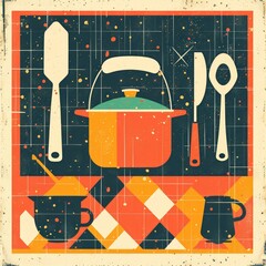 The image features a stylized, retro-inspired illustration of kitchen utensils and equipment