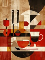 The image features a stylized, retro-inspired illustration of kitchen utensils and equipment