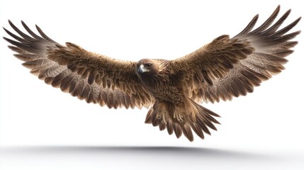 Obraz premium Brown eagle soars with wings outstretched, its feathers detailed against a white background