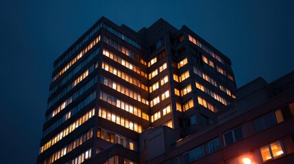 Fototapeta premium Modern office building illuminated at night with glowing windows against a dark sky backdrop