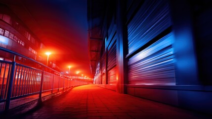 Fototapeta premium Nighttime urban scene showcasing a colorful alley with illuminated buildings and dynamic lighting effects