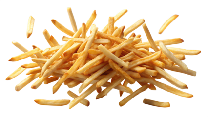 Pile of crispy french fries isolated on transparent background, a popular snack