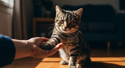 Striped Cute Kitten Paw in Hand Giving High Five Indoors