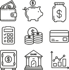 Money Management Outline Icons Set – Budgeting, Saving, and Financial Planning
