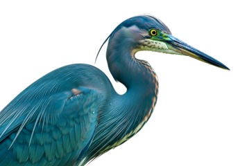 Close-up of a vibrant blue heron bird with yellow eyes and sharp beak against a black background