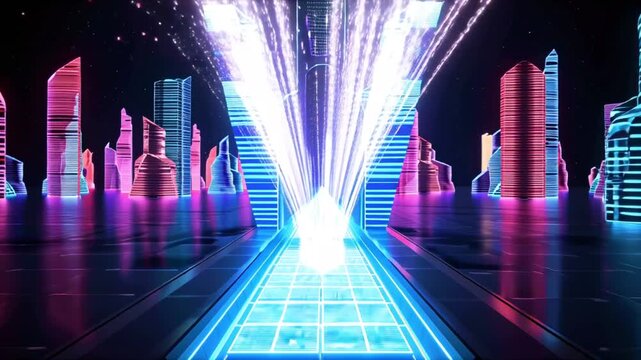A glowing energy sphere sends light beams through a futuristic neon city, representing data and technology - Powered by Adobe