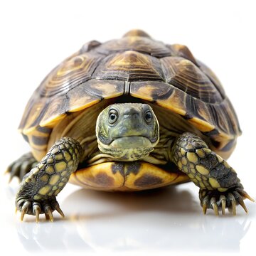 Box turtle facing forward on a white surface reptile