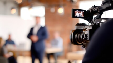 Professional speaker presenting in a modern office setting with a camera capturing the moment