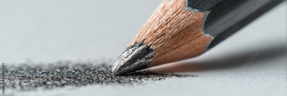 Poster close-up of a sharpened pencil creating graphite texture on paper in a workspace