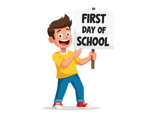 Excited for School: A young boy, full of anticipation, joyfully displays a sign proudly announcing his first day of school, embodying the spirit of education.