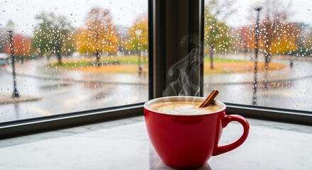 Cozy autumn mood. Red cup of coffee with cinnamon stick on a rainy day. Perfect for fall-themed designs, seasonal promotions, or warm beverage advertising. Comfort.