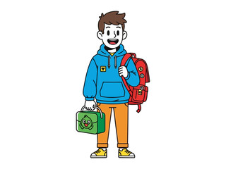 Young Student Ready for Learning: A cheerful young student, fully equipped with a backpack and lunchbox, stands ready for a day of learning, radiating enthusiasm and excitement.