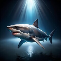 Fototapeta premium Great White Shark Swimming Underwater With Light Rays