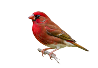 Close-up of a vibrant male cardinal bird perched on a branch isolated on black background