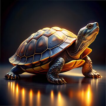 Turtle With Detailed Shell On Dark Reflective Surface